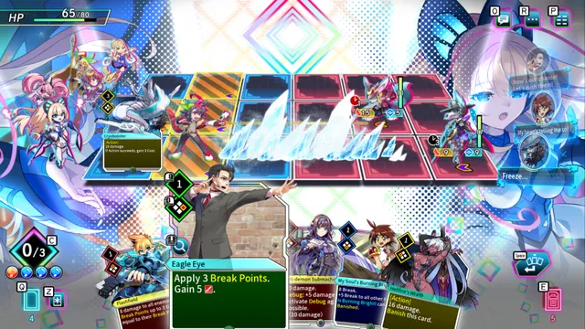 A Card-en-Ciel battle: characters on a grid of lanes above a hand of cards, with the Eagle Eye card enlarged and an ice attack hitting the enemies