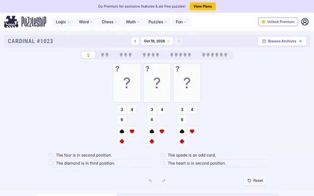 Cardinal #1023 for 19 Oct 2026, very easy row: three face-down cards with chips for 3, 4, 6 and three suits, above four clues