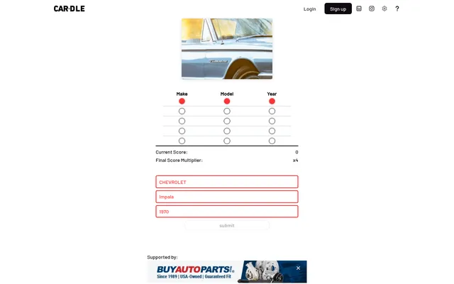 Today's Cardle board after one wrong guess: the car's photo zoomed out a step, three red marks in the first row of the tracker and the multiplier down to x4