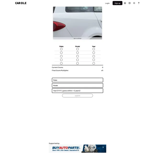 The Cardle game screen: a cropped close-up photo of the day's car above a five-row tracker of make, model and year, the current score and x5 multiplier, and input boxes for make, model and year
