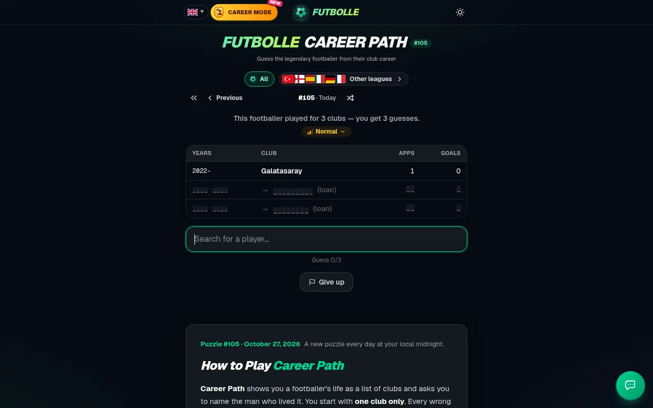Career Path #105 on 27 October 2026 at Normal: a 2022 Galatasaray row shows, with two hidden loan rows and the player search box below