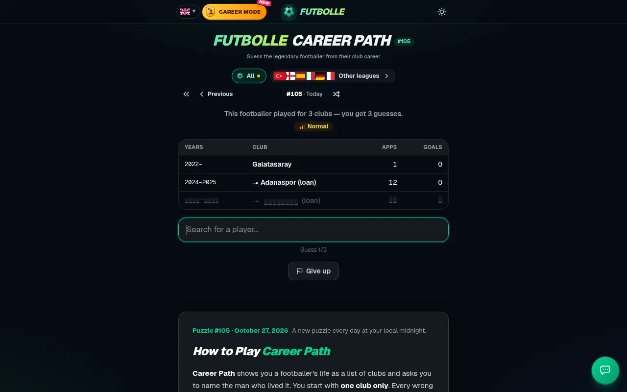 Career Path #105 after one wrong guess: a 2024-2025 loan to Adanaspor is revealed under Galatasaray, Guess 1/3