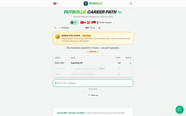 Today's Career Path board on Normal: puzzle 97 shows a 2020-2022 Sporting CP row and two hidden club rows above the player search box