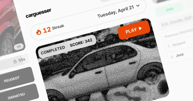 CarGuesser screens: a grainy black and white photo of a car under a Play button, with a 12 day streak, a completed score of 342 and brand buttons such as Peugeot and Daihatsu