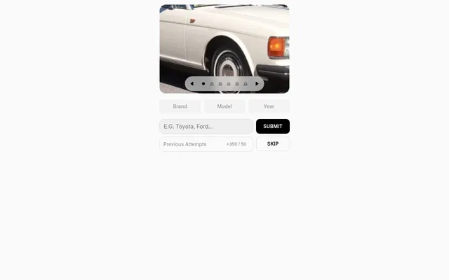 CarGuesser Classic board for 18 October 2026: a close crop of a white saloon's wheel arch, locked photos, Brand, Model and Year steps and a guess box