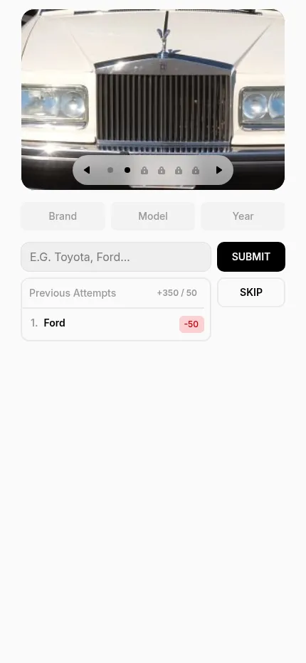 CarGuesser Classic on a phone: a second photo of the day's car showing its grille, with a wrong guess, Ford, listed under Previous Attempts at minus 50