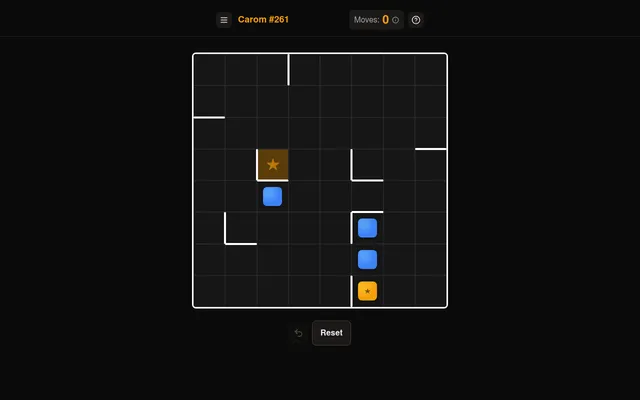 Carom #261, the board of 19 October 2026: an eight by eight grid with short walls, three blue blocks, the orange star block and its star goal square, moves 0