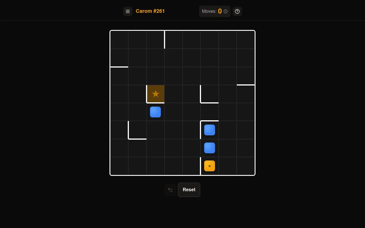 Carom #261, the board of 19 October 2026: an eight by eight grid with short walls, three blue blocks, the orange star block and its star goal square, moves 0
