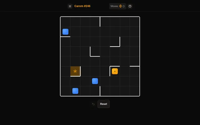 Carom #246: an eight by eight board with walls, three blue blocks, an orange star block and its star goal square, moves 0, with Undo and Reset