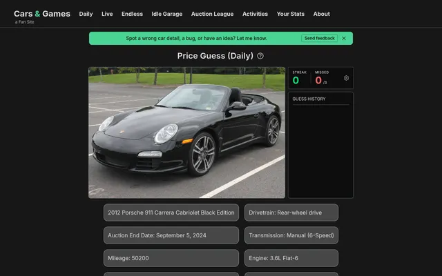 Cars & Games Price Guess daily on 29 October 2026: a black 2012 Porsche 911 Carrera Cabriolet with its listing facts, a streak and misses counter and an empty guess history