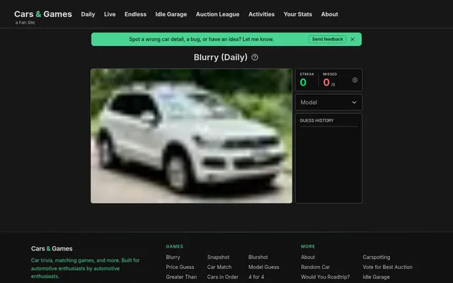 Cars & Games Blurry daily: a blurred photo of a white SUV beside a model picker, a streak counter and a guess history