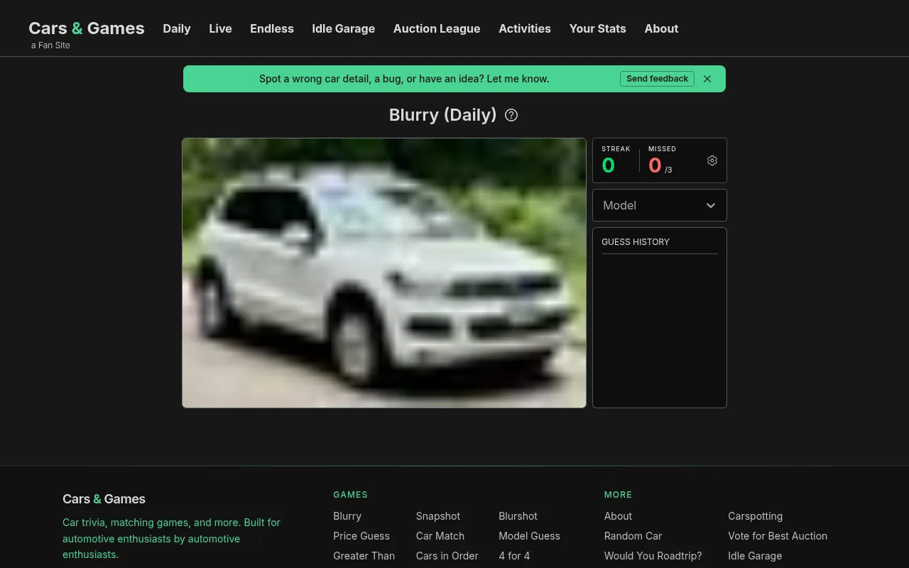 Cars & Games Blurry daily: a blurred photo of a white SUV beside a model picker, a streak counter and a guess history