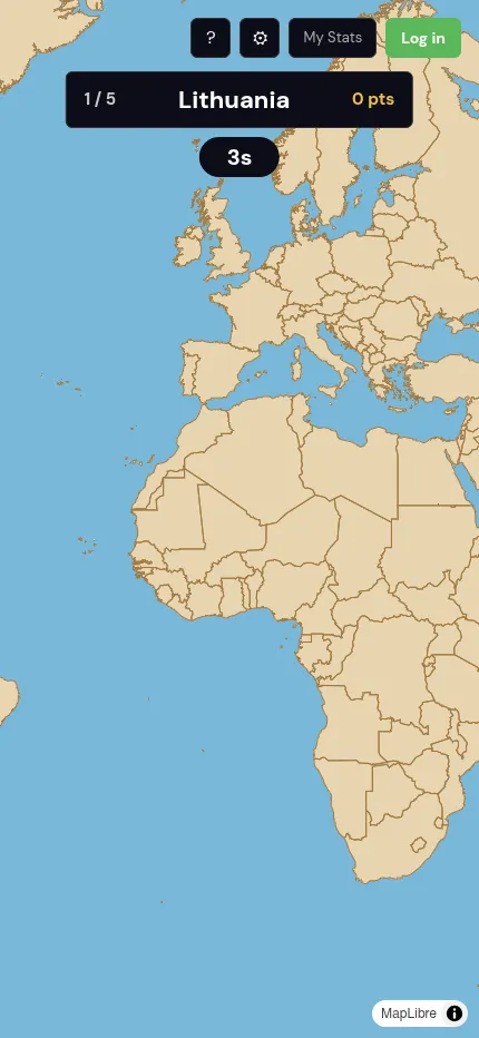 Cartogle on a phone screen asking for Lithuania, the first of five countries, on its unlabelled map