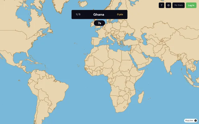 Cartogle's unlabelled world map asking for the first of five countries, with the timer and points bar
