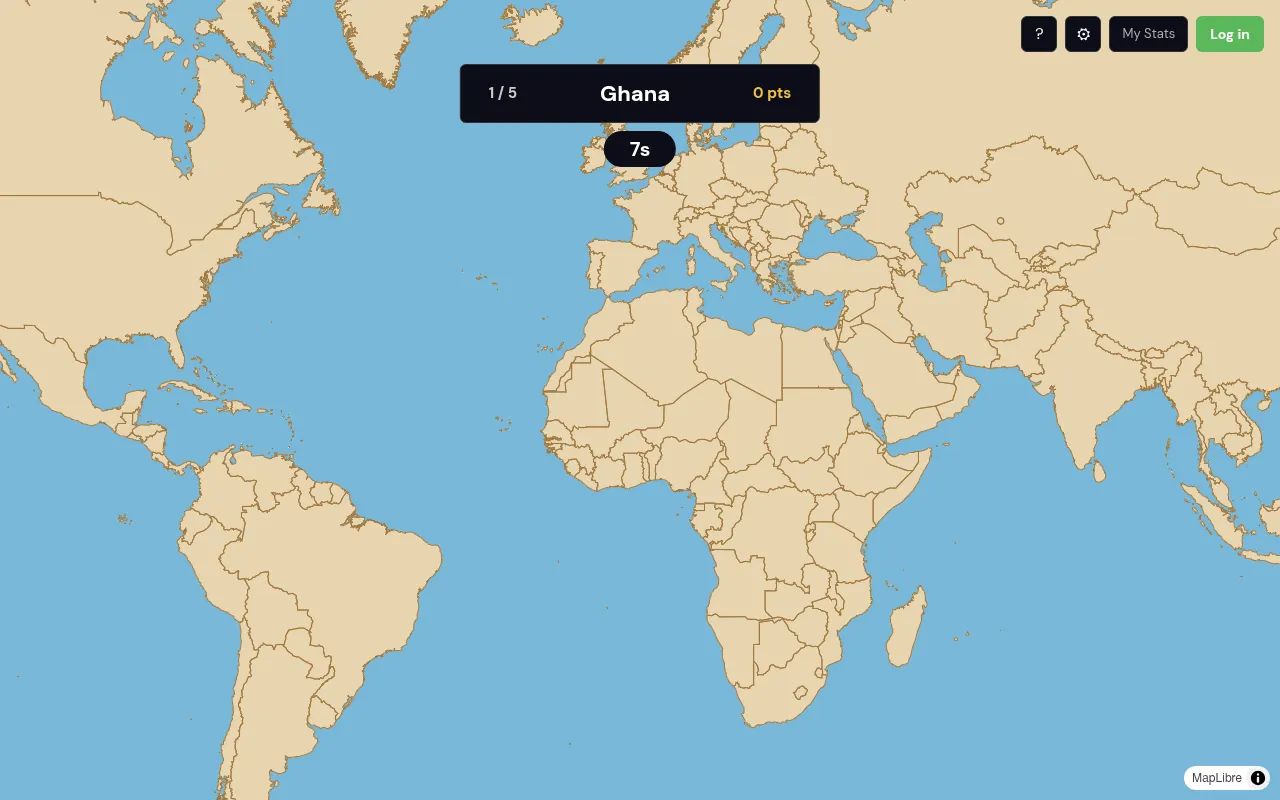 Cartogle's unlabelled world map asking for the first of five countries, with the timer and points bar
