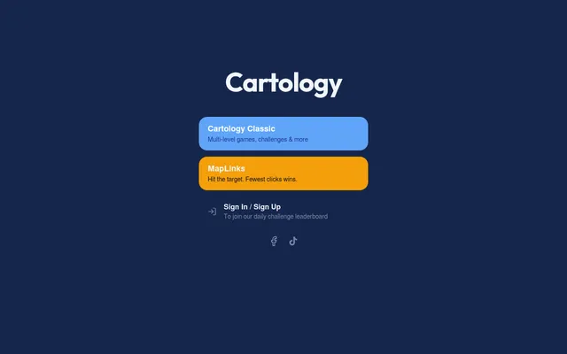 Cartology start screen: the Cartology name above Cartology Classic (multi-level games and challenges) and MapLinks (hit the target, fewest clicks wins), with sign-in for the daily challenge leaderboar