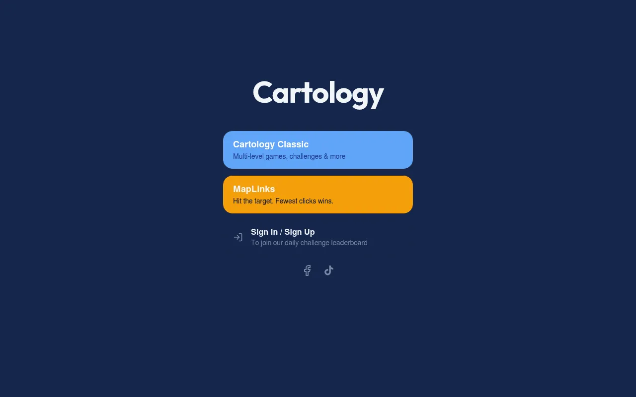 Cartology start screen: the Cartology name above Cartology Classic (multi-level games and challenges) and MapLinks (hit the target, fewest clicks wins), with sign-in for the daily challenge leaderboar