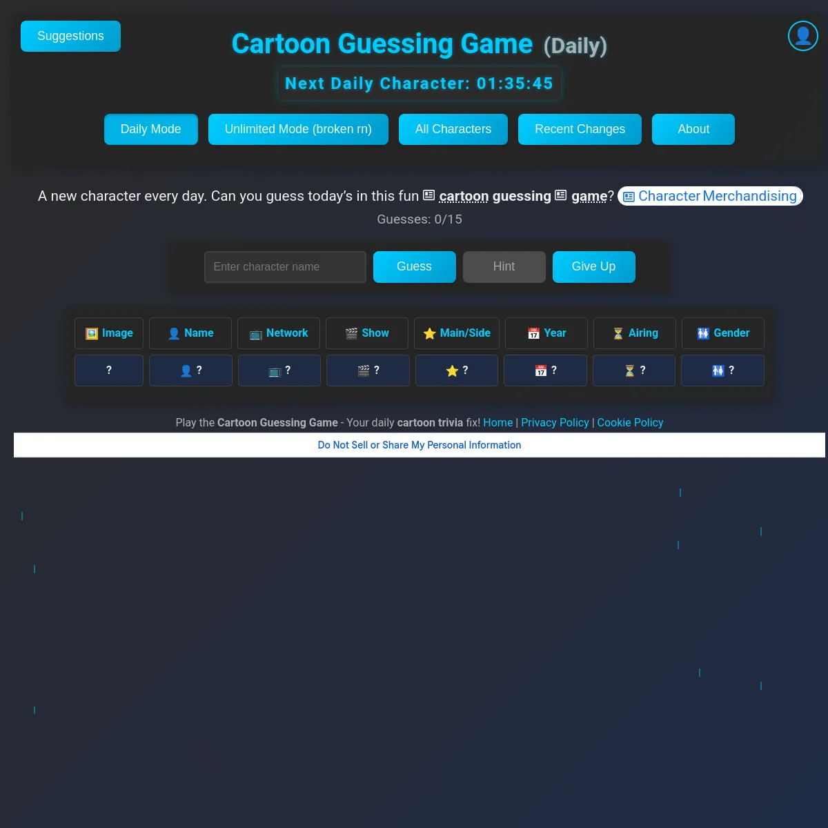 The Cartoon Guessing Game in Daily mode with a countdown to the next daily character, a name entry box with Guess, Hint and Give Up buttons, Guesses 0 of 15, and a row of clue columns: Image, Name, Ne