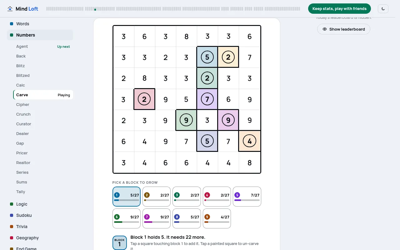 Carve's Sunday Edition board of 18 October 2026 on desktop: a 7x7 grid of digits with nine ringed coloured anchors and nine block totals out of 27 below it