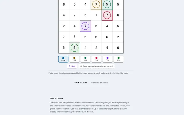 Carve board on mindloftdaily.com: a grid of digits with ringed coloured anchor squares, and a row of block totals out of 30 below it