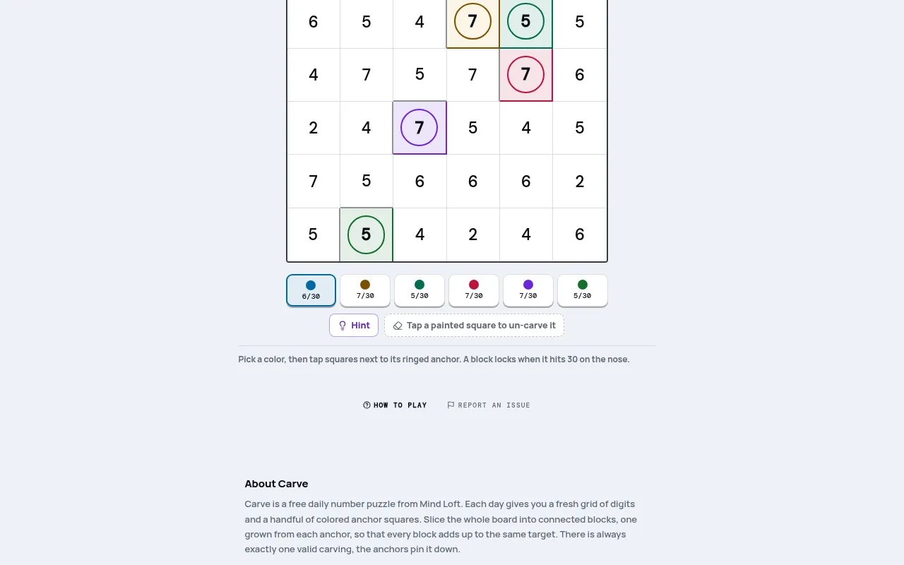 Carve board on mindloftdaily.com: a grid of digits with ringed coloured anchor squares, and a row of block totals out of 30 below it
