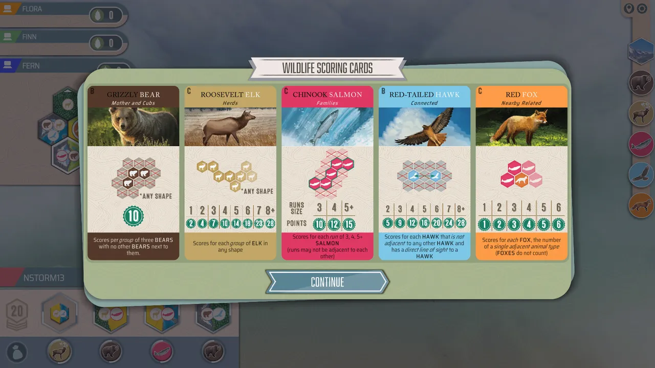 Cascadia Digital's Special Modes menu with signposts for Challenges, Solo Scenarios and Daily Trek over a waterfall with leaping salmon