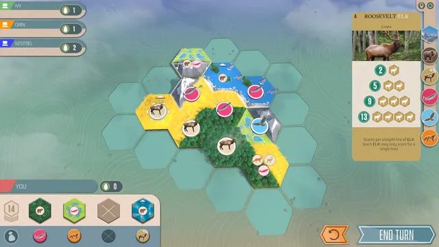 Cascadia Digital: a hex-tile landscape of forest, prairie, wetland and river with elk, salmon and fox tokens, beside the Roosevelt Elk scoring card
