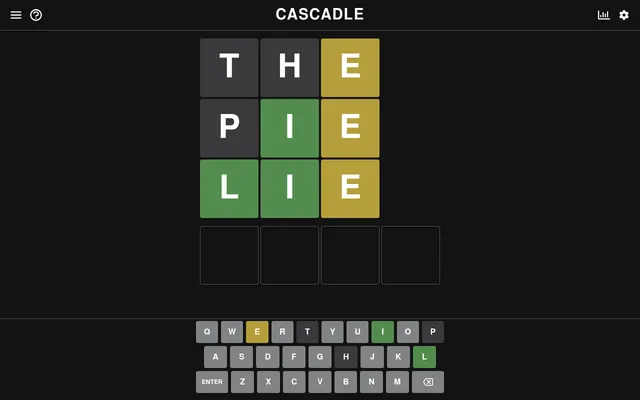 Cascadle on 20 October 2026 at desktop size: the solved three-letter row LIE with earlier guesses recoloured as clues above an empty four-letter row