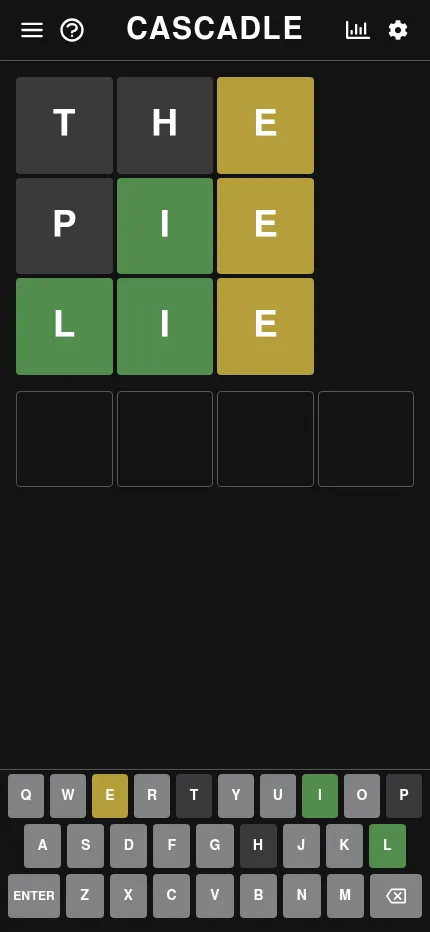 Cascadle at phone size: guesses THE, PIE and LIE recoloured as clues for the next four-letter word, with the on-screen keyboard below