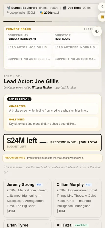 Cast-ablanca at phone size: the project board for Sunset Boulevard, the Joe Gillis role card, the budget left and actor cards with their fees