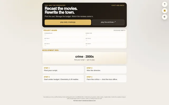 Cast-ablanca's game screen: the empty project board for screenplay, director and four actors, the development reel showing crime, 2000s, and the four steps from finding a script to facing the critics