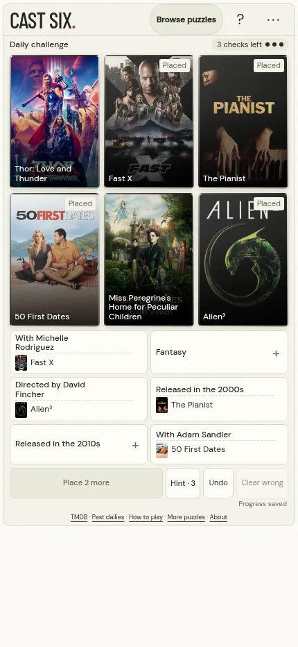 Cast Six on a phone mid-puzzle: four films placed, Fast X under With Michelle Rodriguez and Alien 3 under Directed by David Fincher