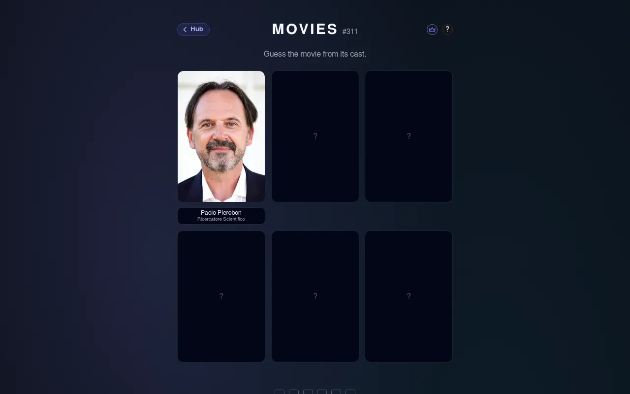 CastMe Movies #311: one actor card revealed and five face-down cards, under the line Guess the movie from its cast
