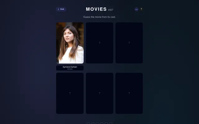 CastMe Movies #327 for 22 October 2026: one actor card turned over, Synnove Karlsen as Jocasta, beside five face-down cards