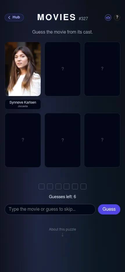 CastMe Movies #327 at phone size: six cast cards with one revealed, six guess squares, Guesses left 6 and the guess box
