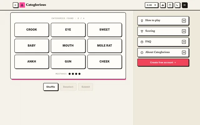 A Categlorious board: nine word tiles (Crook, Eye, Sweet, Baby, Mouth, Mole Rat, Ankh, Gun, Cheek), Categories found 0 of 4, four mistake dots and Shuffle, Deselect and Submit buttons