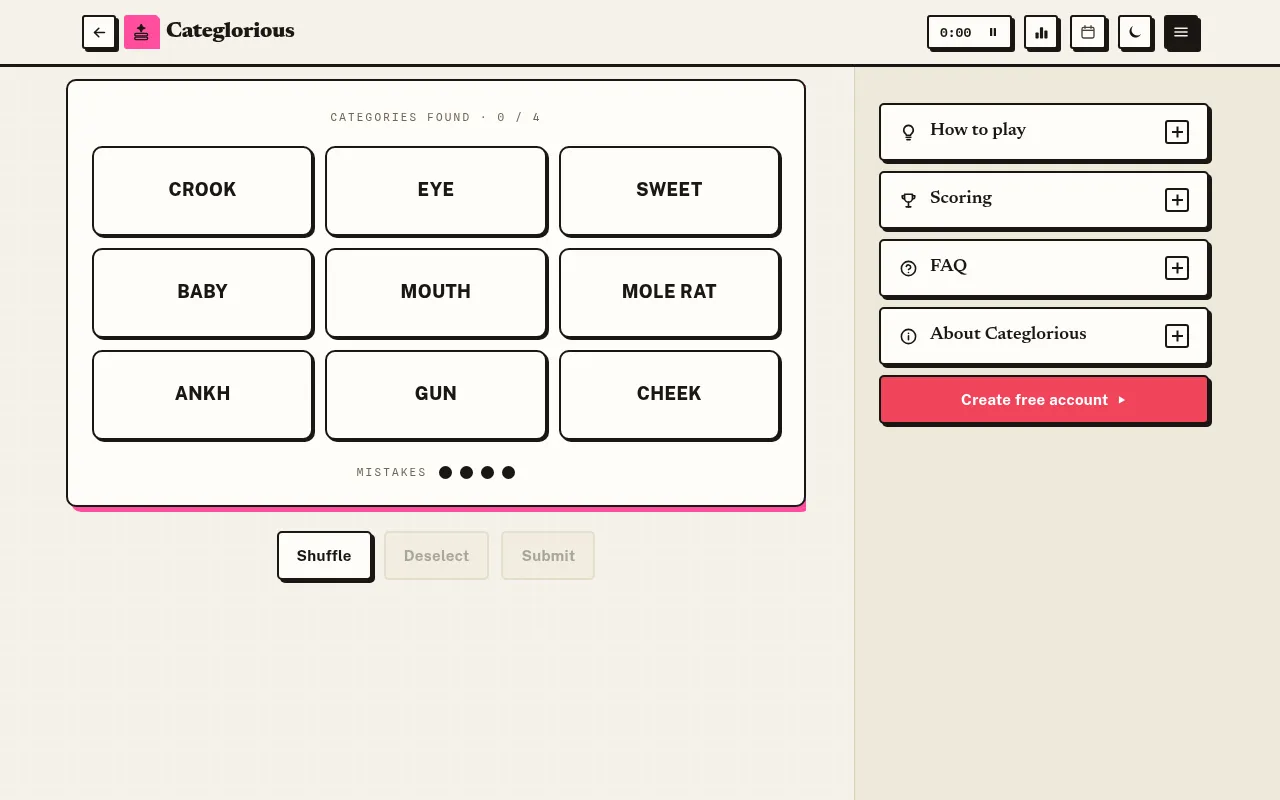 A Categlorious board: nine word tiles (Crook, Eye, Sweet, Baby, Mouth, Mole Rat, Ankh, Gun, Cheek), Categories found 0 of 4, four mistake dots and Shuffle, Deselect and Submit buttons