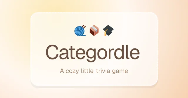 The Categordle title card: a ball of yarn, a box and a graduation cap above the words Categordle, a cozy little trivia game