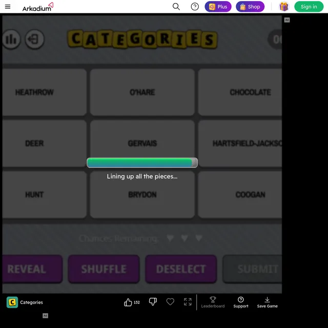 The Arkadium Categories game: a 3x3 grid of word tiles (Heathrow, OHare, Chocolate, Deer, Gervais, Hartsfield-Jackson, Hunt, Brydon, Coogan) under the Categories title, with Chances Remaining hearts a