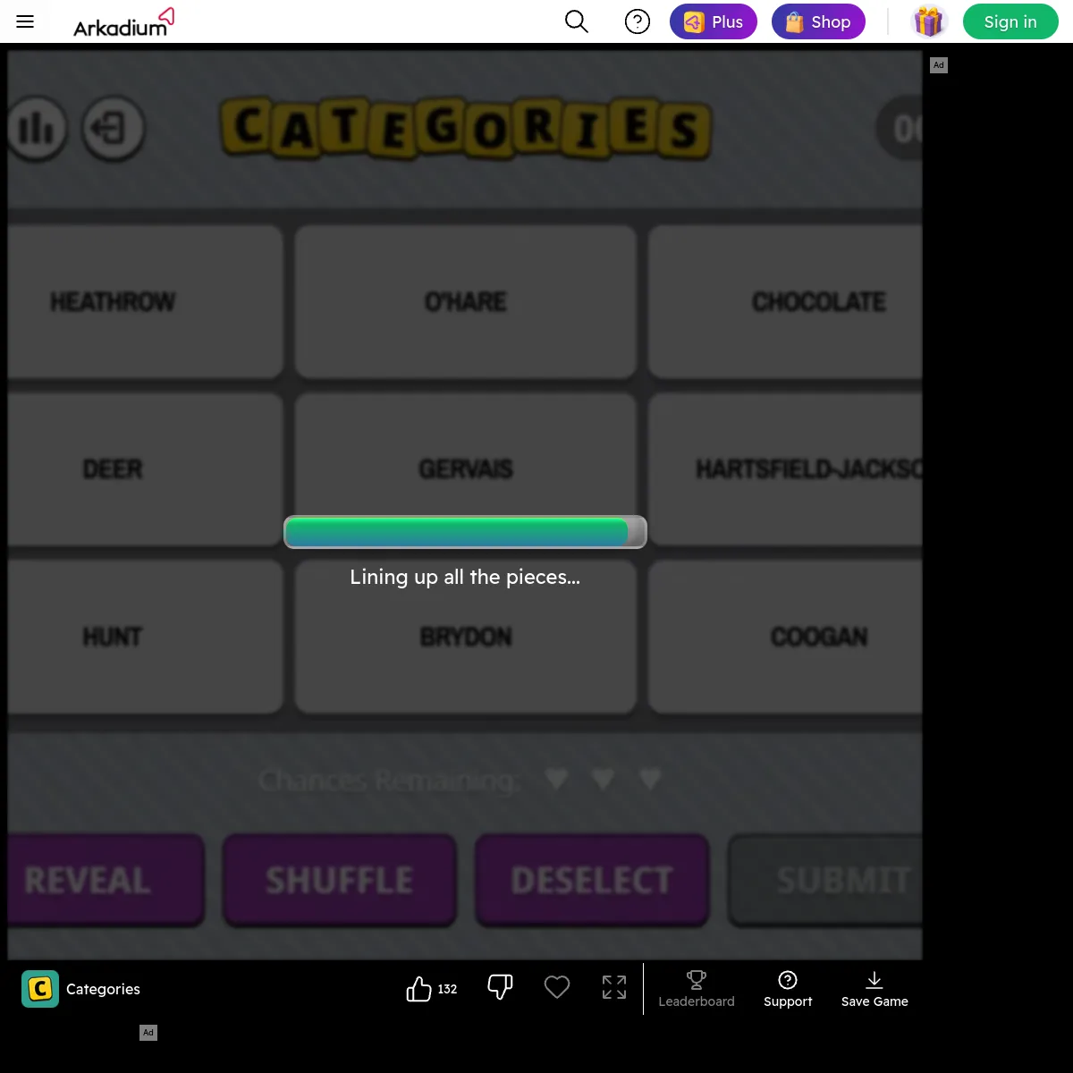 The Arkadium Categories game: a 3x3 grid of word tiles (Heathrow, OHare, Chocolate, Deer, Gervais, Hartsfield-Jackson, Hunt, Brydon, Coogan) under the Categories title, with Chances Remaining hearts a