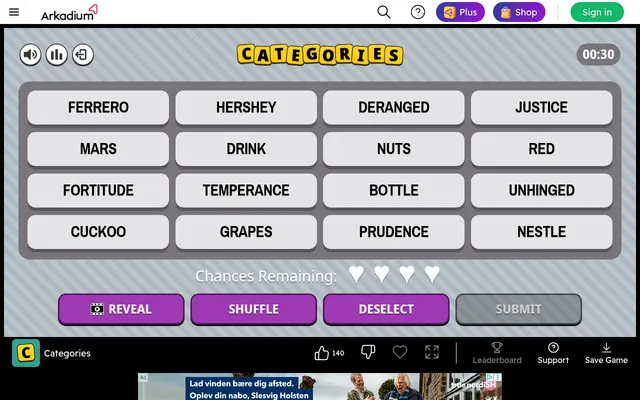 Categories daily 4x4 board for 18 October 2026: sixteen word tiles such as FERRERO, JUSTICE and UNHINGED, four hearts, and Reveal, Shuffle, Deselect and Submit buttons