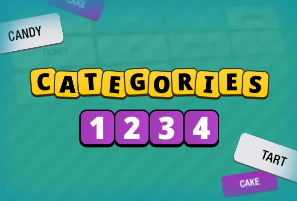 Categories cover graphic: the word CATEGORIES in yellow tiles above purple number tiles 1 2 3 4, with word cards like CANDY, CAKE and TART on a teal background.