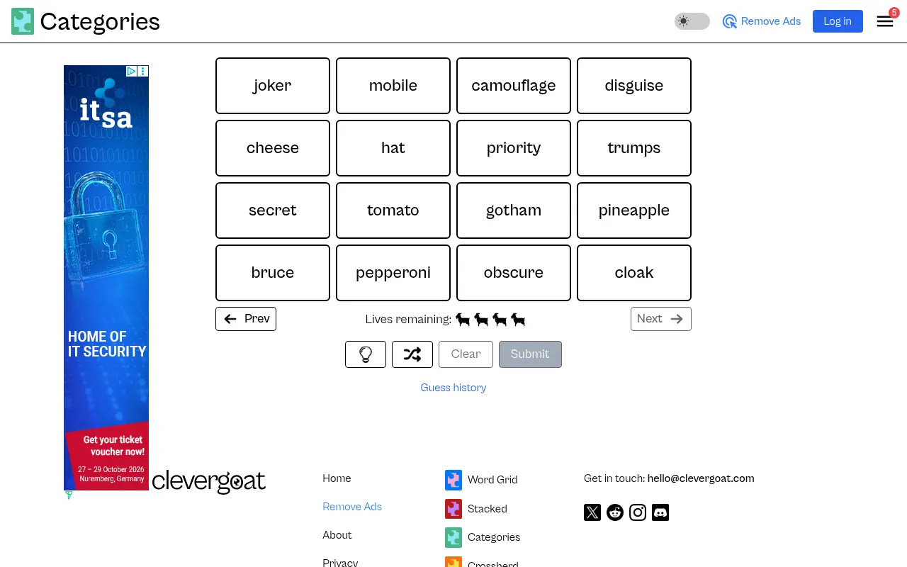 CleverGoat Categories daily grid of sixteen words including joker, mobile, camouflage, disguise, gotham, pineapple and pepperoni, with four goat lives, hint, shuffle, Clear and Submit buttons