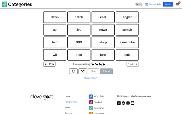 Today's Categories board on CleverGoat: sixteen words such as reel, angler, gamecube, wii and story in a four by four grid, with four goat lives, hint, shuffle, Clear and Submit