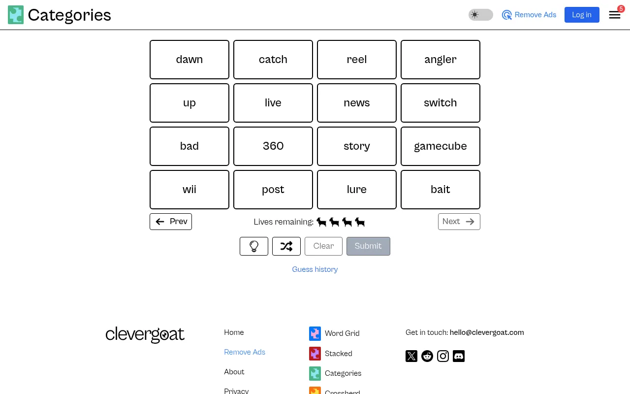 Today's Categories board on CleverGoat: sixteen words such as reel, angler, gamecube, wii and story in a four by four grid, with four goat lives, hint, shuffle, Clear and Submit