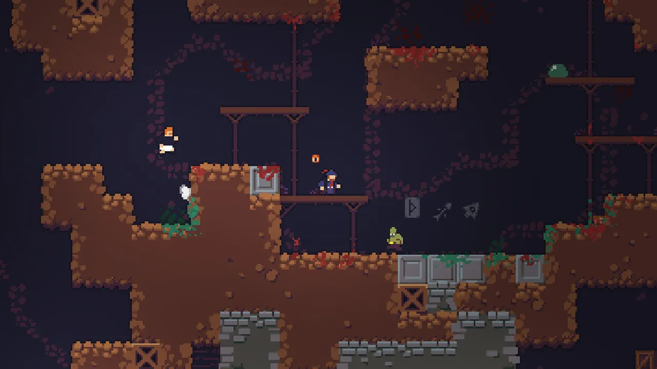 A Caveblazers cave of brown rock and wooden platforms, with the player and enemies in pixel art