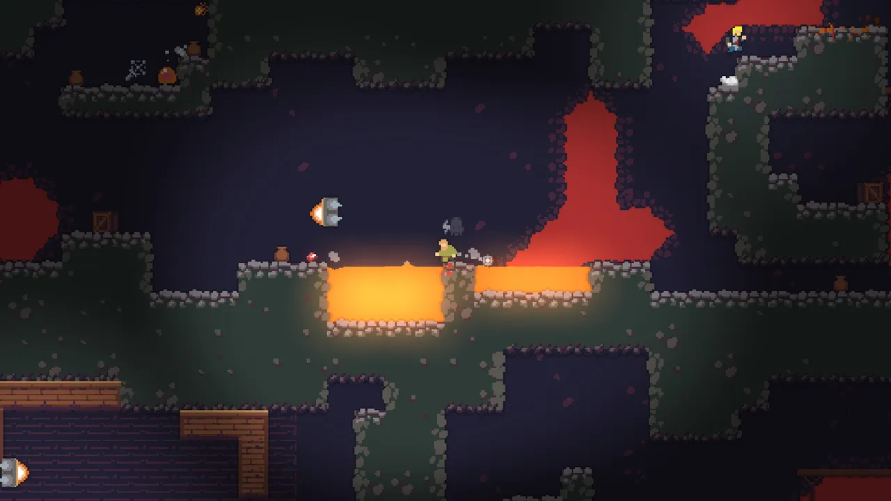 A Caveblazers cave in green rock with a pool of lava and enemies around the player