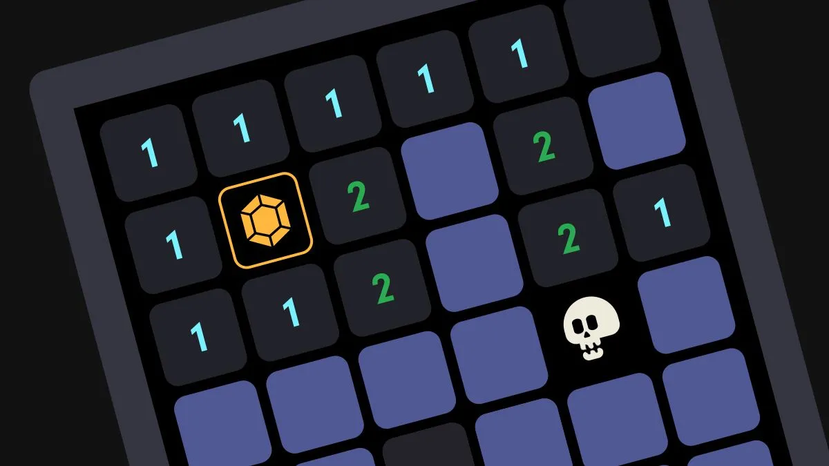 Caved board: dark tiles with blue and green number clues, a gold gem uncovered and a skull among the covered purple tiles