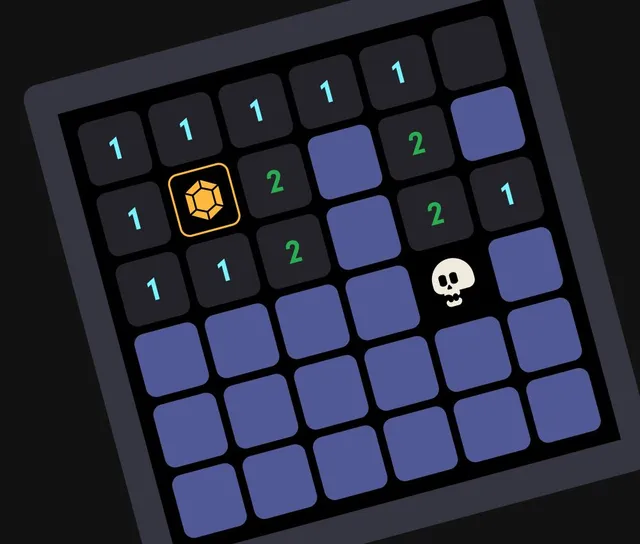 Caved press art: a dark grid of number clues with a gem uncovered and a skull hidden among the blue tiles