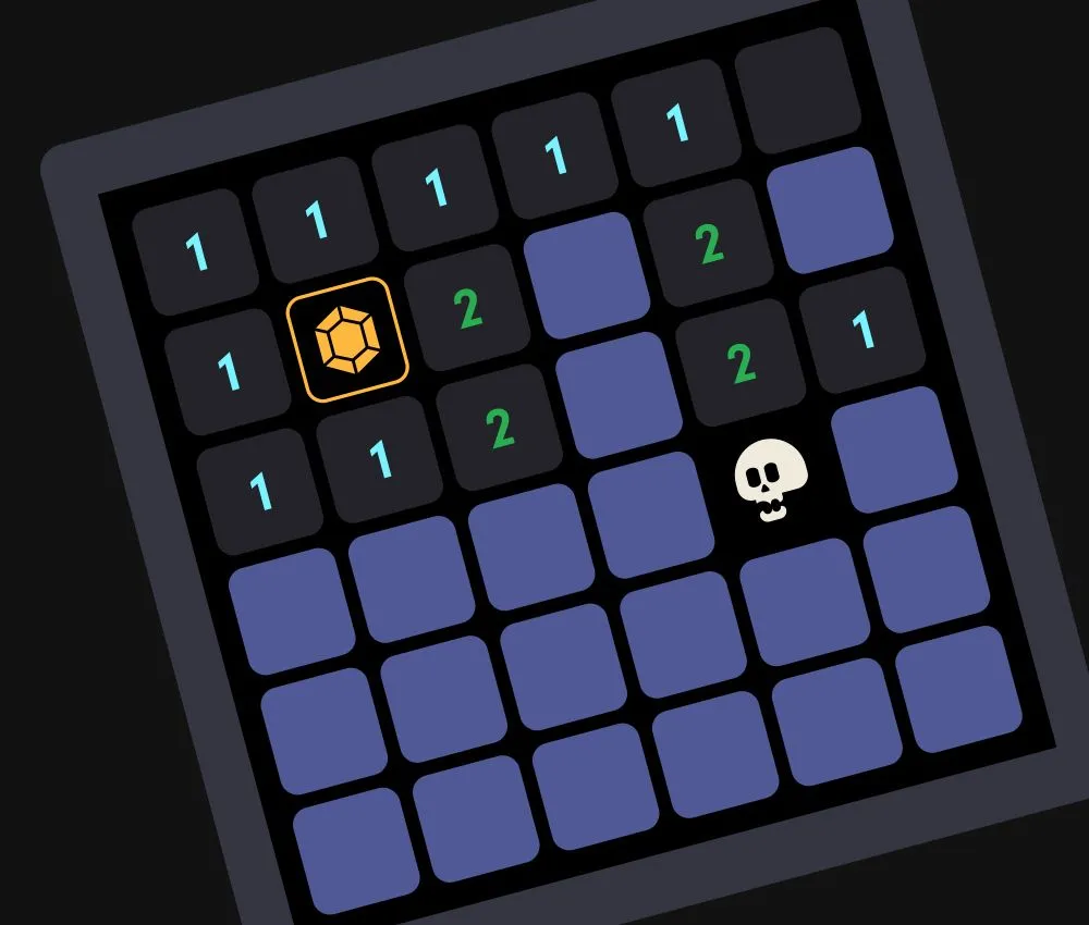 Caved press art: a dark grid of number clues with a gem uncovered and a skull hidden among the blue tiles